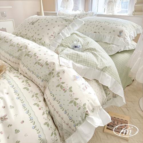 VM VOUGEMARKET Ruffle Duvet Cover Twin with Leaves Rabbit Pattern Reversible Green Grid Duvet Cover with Zipper Ties 100% Cotton Romantic Girls White Lace Comforter Cover with 2 Pillow Shams