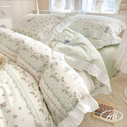 VM VOUGEMARKET Ruffle Duvet Cover Twin with Leaves Rabbit Pattern Reversible Green Grid Duvet Cover with Zipper Ties 100% Cotton Romantic Girls White Lace Comforter Cover with 2 Pillow Shams