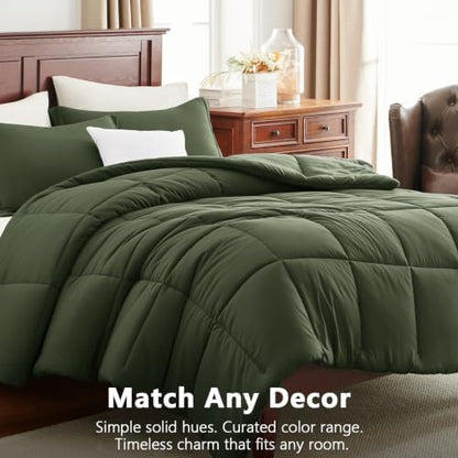 CozyLux Oversized King Comforter Set, 3-Piece Box-Stitched, Olive Green