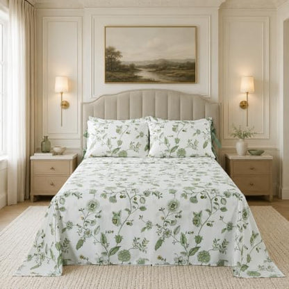 FADFAY Premium Cotton Percale King Size Sheets Green Floral Bed Sheet Set