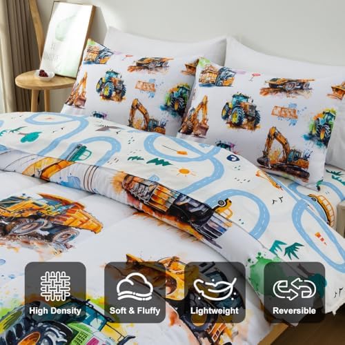 Holawakaka Trucks Excavator Boy Twin Bedding Comforter Set with Sheets