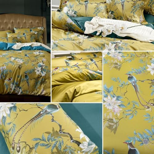 Gold Floral Duvet Cover Set King Size Garden Style Bird Flower Pattern Duvet Cover Luxury Soft Cotton Floral Comforter Cover with Zipper Closure Reversible Peacock Blue 3 Pieces Farmhouse Bedding Set