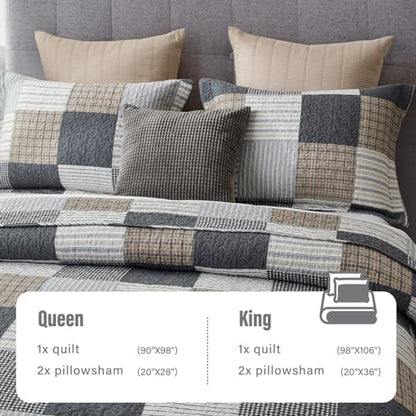 Y-PLWOMEN 100% Cotton Quilts Queen Size Farmhouse Plaid 3-Pieces Bedding