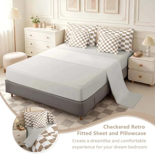 Feelyou Checkered King Comforter Set with Sheets for Kids Boys Girls Brown Plaid 7 Pieces Bedding Set Vintage Checkerboard Geometric Bed in a Bag Reversible Grey Room Decor Soft