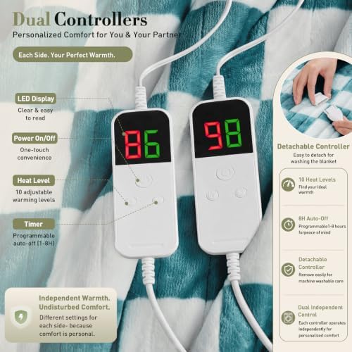 Electric Blanket Heated King Size, 90"X100" Dual Control, Teal
