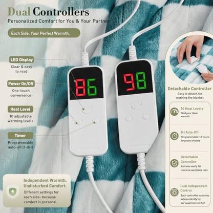 Electric Blanket Heated King Size, 90"X100" Dual Control, Teal