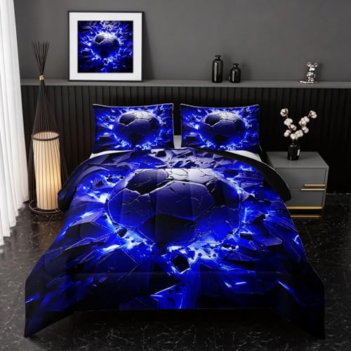 Nttopship Soccer Bedding Comforter Set King Size for Kids Teens and Adults, Blue and Black Football Printed Bedding Sets 3 PCS,Ball Sports Themed Bedroom Decor with 1 Comforter and 2 Pillowcases