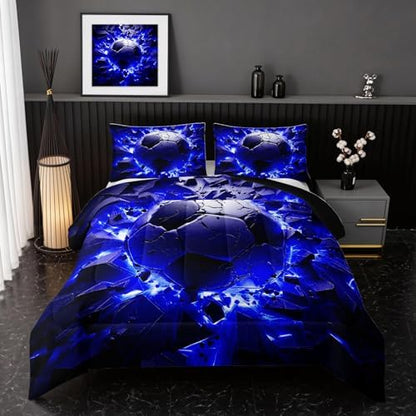 Nttopship Soccer Bedding Comforter Set King Size for Kids Teens and Adults, Blue and Black Football Printed Bedding Sets 3 PCS,Ball Sports Themed Bedroom Decor with 1 Comforter and 2 Pillowcases