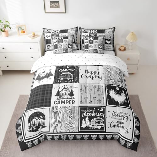 Erosebridal 7 Piece Kids Camping Themed Full Bedding Set,Rv Camper Comforter Set with Sheets for Bunk Travel Trailer,Woodland Pine Tree Bed Set,Black Grey Buffalo Plaid Bed in a Bag with Pillowcases