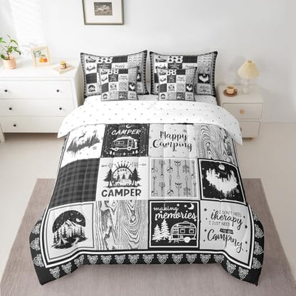 Erosebridal 7 Piece Kids Camping Themed Full Bedding Set,Rv Camper Comforter Set with Sheets for Bunk Travel Trailer,Woodland Pine Tree Bed Set,Black Grey Buffalo Plaid Bed in a Bag with Pillowcases