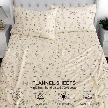 RUVANTI 100% Cotton Flannel Sheets Queen Size, 4 Pcs, Jasmine Stamp Cream