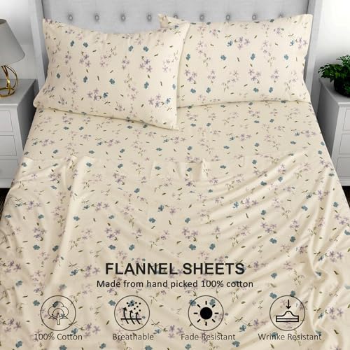 RUVANTI 100% Cotton Flannel Sheets Twin Size, 3 Pcs, Jasmine Stamp Cream