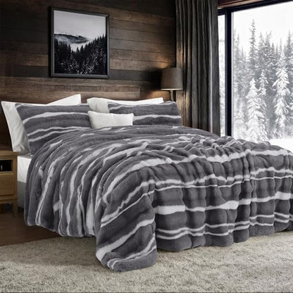Wonderful 3 Pieces Fluffy Faux Rabbit Fur Comforter Set King Size, Dark Gray Plush Fuzzy Bedding Set, Animal Stripes Design Warm Soft Comforter Bedding Set for All Season,104"x94"