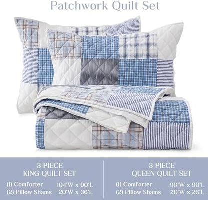 Wonderful - Real Patchwork Quilt Set Queen Size, 3 Piece Yarn-Dyed Cotton Face Plaid Bedding, Blue Modern Farmhouse Reversible Coverlet, 90"x90"