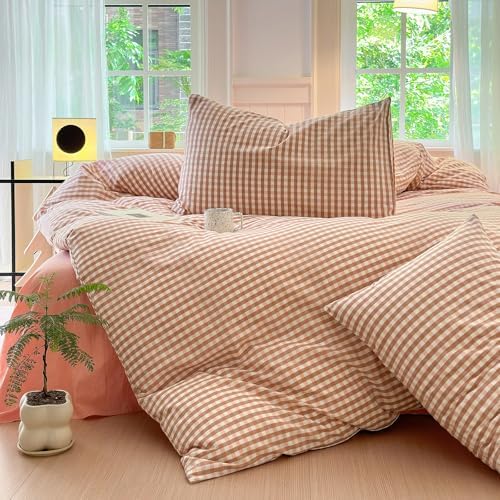 LifeTB Pink Gingham Comforter Set Queen Modern Style Blush Grid Comforter Set 3 Pieces Vintage Plaid Checkered Comforter with 2 Pillowcases Fluffy Soft Farmhouse Gingham Bedding Set Queen Size