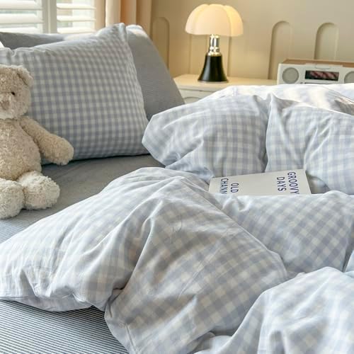 mixinni Light Blue Gingham Comforter Set King - 3 Piece Plaid Bedding Set, All-Season Soft Washed Cotton, Farmhouse Grid Pattern, Includes 1 Comforter & 2 Pillow Shams for Women Men