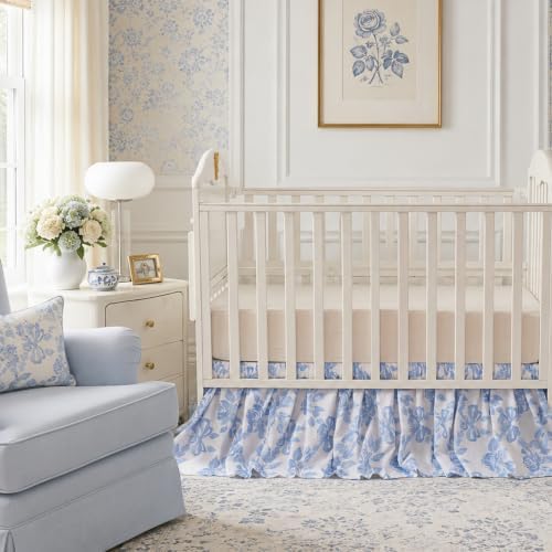 Brandream Organic Cotton Crib Skirt Dust Ruffle, Baby Girl Crib Bed Skirt, 4-Sided, Luxury French Vintage Blue Rose Floral & Bow Cottagecore Toddler Bedskirt Farmhouse Chic Nursery Bedding Skirt