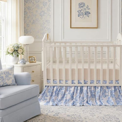 Brandream Organic Cotton Crib Skirt Dust Ruffle, Baby Girl Crib Bed Skirt, 4-Sided, Luxury French Vintage Blue Rose Floral & Bow Cottagecore Toddler Bedskirt Farmhouse Chic Nursery Bedding Skirt