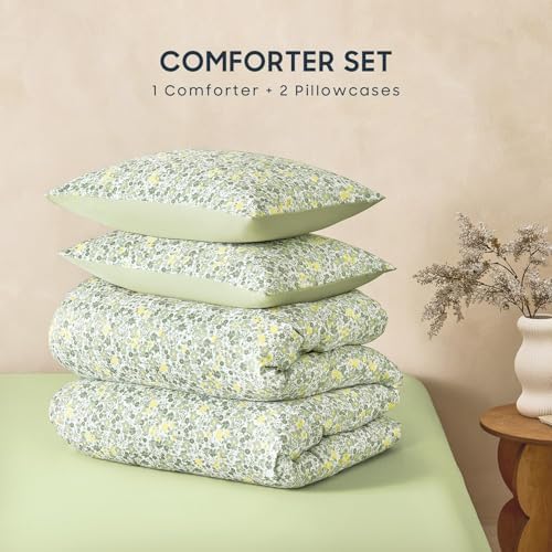 Wake In Cloud - Floral Comforter Set, Cute Vintage Flower Cottagecore Aesthetic for Women Teen Girls, Soft Lightweight Dorm Bedding, 3 Pieces, Sage Green, Full Size