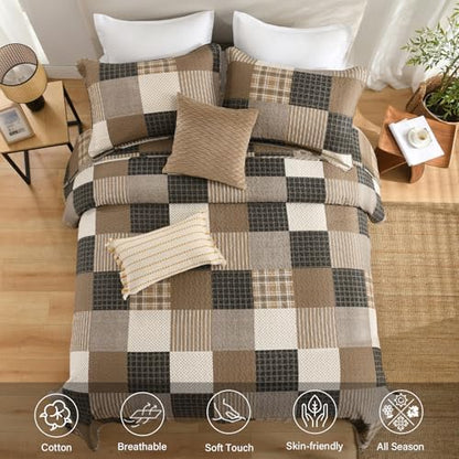 Quilta 100% Cotton Quilt Set, Farmhouse Brown Plaid Bedspread King Size