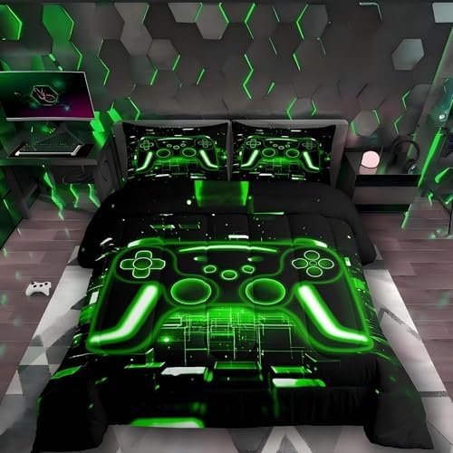 Erosebridal Gaming Comforter Set Gamer Girl Toddler Bedding Set, Neon Lights Retro Game Console Comforter Green Brick Cube Quilt,Game Room Decor