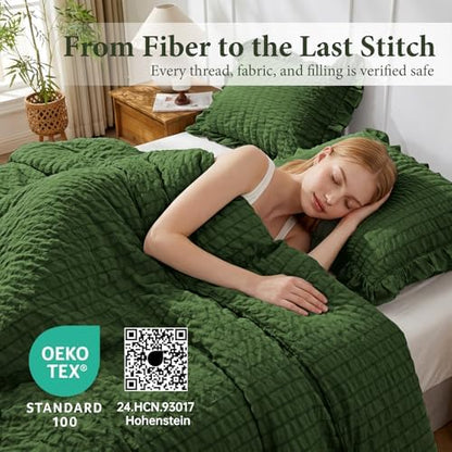JOLLYVOGUE Dark Green Oversized Queen Comforter Set,3pcs Seersucker Bed Set