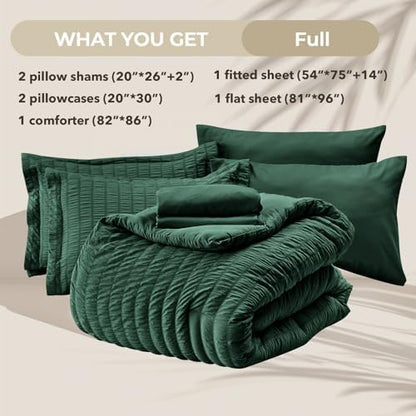 HYMOKEGE Emerald Green Full Size Comforter Sets Seersucker 7 Pieces, All Season Luxury Bed in a Bag for Bedroom, Bedding Set with Comforter, Sheets, Pillowcases & Shams