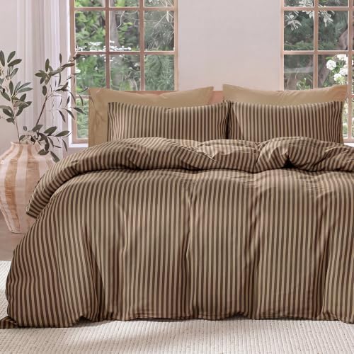 Bedbay Brown Striped Duvet Cover Set, 100% Cotton 300TC Sateen King Size Duvet Cover, Mocha Brown Fine Stripe Bedding, Soft Smooth Breathable Warm Neutral Set, 3 Pieces