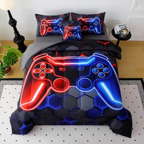 JQinHome Twin Gaming Bedding Set 6-Piece Comforter for Kids Teens - 3D Video Game Console Print Bed in a Bag with Ultra-Soft Fluffy Sheets, Red-Blue Unisex Design (Twin)