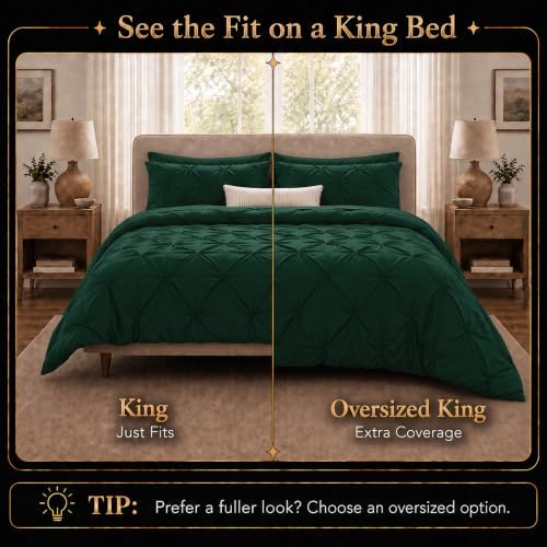 CozyLux King Comforter Set Emerald Green, 7 Pieces Pintuck Bed in a Bag