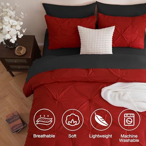 DOWNCOOL Queen Comforter Set, 7 Pieces Red and Black Bed in a Bag