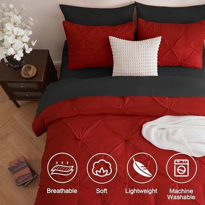 DOWNCOOL Queen Comforter Set, 7 Pieces Red and Black Bed in a Bag
