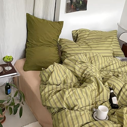 mixinni Vintage Stripes Duvet Cover Set King - 3-Piece Mid-Century Cotton Olive & Taupe Striped Bedding, Soft Breathable All-Season Comforter Cover with Zipper Closure & Corner Ties-King Size