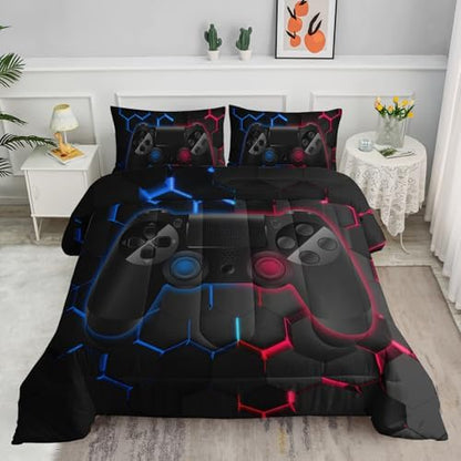 Axolotl Gamer Comforter Set King Size,Geometric Honeycomb Gaming Bedding,Video Games Comforter,3 Piece Game Console Print Bedding Set for Kids Boys Girls Teens,1 Duvet 2 Pillowcases,Blue Red