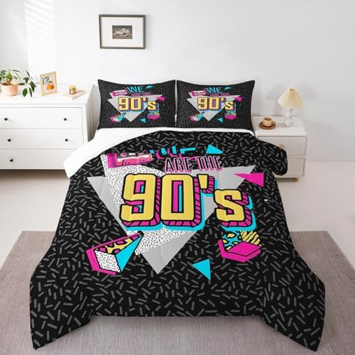 Manfei Memphis Comforter Set Queen Size, Retro 90s Fashion Style Quilt Set with 2 Pillowcases, Geometric Triangle Diamond Bedding Set 3pcs for Kids Boys Room Decor Lightweight Duvet Insert
