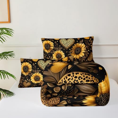 Black Sunflowers Comforter Set Full for Girls Women Kids,Yellow Floral and Leopard Print Heart Pattern Bedding Set,3-Pieces Soft Microfiber Botanical Quilt Set for Bedroom Decor