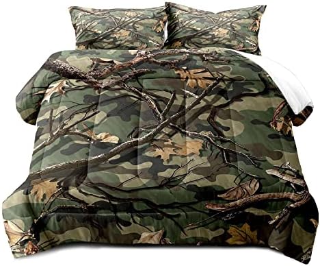 LUVIVIHOME 3PCS Green Camo Comforter Set Full Size, Rustic Camouflage Bedding Quilt Country Farmhouse Forest Man Cave Bedroom Decor, Hunting Gifts for Men Husband Boyfriend Boys, 2 Pillow Shams