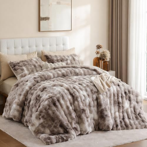 YIKUSH King Faux Fur Soft Comforter Set, Fluffy Bedding Set, Tiedye Brown