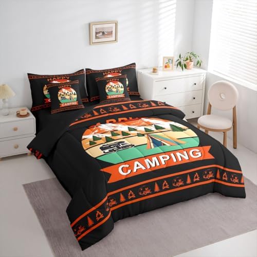 Erosebridal Camper Rv King Size Comforter Set with Sheets Happy Camping Boys 7-Piece Bedding Set Rustic Farmhouse Bed in A Bag Vintage Pine Trees Bed Sets for Kids Teens Youth Men Adult