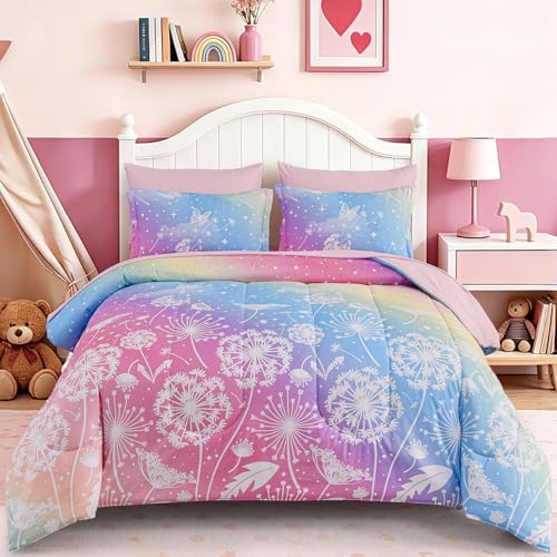 Dinjoy Girls Comforter Set 5 Pieces, Twin Size Colorful Ombre Rainbow Bedding Set, Bed in A Bag for Kid Teen Girls (1 Comforter, 1 Flat Sheet, 1 Fitted Sheet, 1 Pillow Shams, 1 Pillowcases)