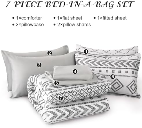 Yiran White Comforter Set King Size, Boho Aztec Comforter Bedding Set, 7 Piece Bed in a Bag King, Soft Microfiber Bohemian Striped Complete Bedding Set with Sheets for All Season