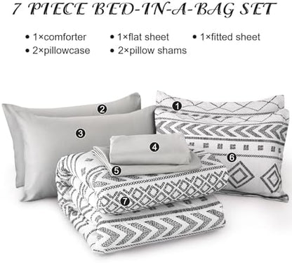 Yiran White Comforter Set King Size, Boho Aztec Comforter Bedding Set, 7 Piece Bed in a Bag King, Soft Microfiber Bohemian Striped Complete Bedding Set with Sheets for All Season