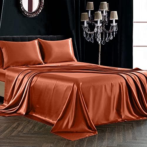 SiinvdaBZX 4Pcs Satin Sheet Set King Size 15-in Deep Pocket, Autumn Orange