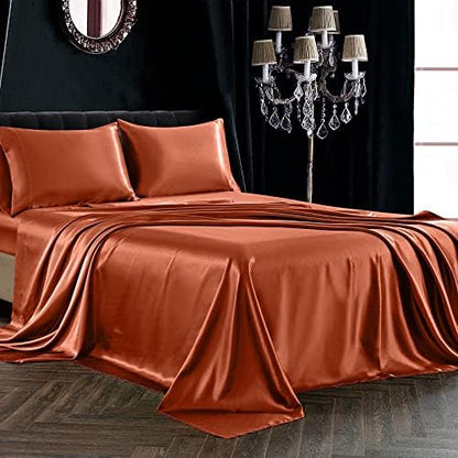 SiinvdaBZX 4Pcs Satin Sheet Set King Size 15-in Deep Pocket, Autumn Orange