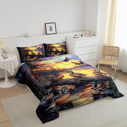 Feelyou Mallard Duck Bedding Set Boys Girls Wild Duck Hunting Comforter Set for Kids Women Men Soft Lake Cabin Farmhouse Comforter Quilt Room Decor Twin Size Duvet Set Boys