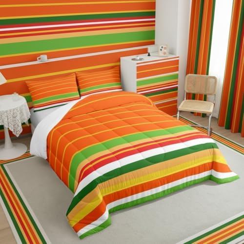 jejeloiu Orange Green Yellow Stripes Comforter Set Toddler Size Geometric Bedding Set for Kids Boys Girls Modern Duvet Quilt Luxury Bedroom Decor Microfiber 2 Pcs with 1 Pillow Cases