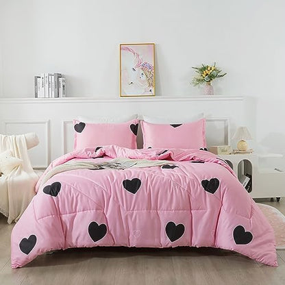 Caressma Pink Comforter Set King Size Black Heart Set 3pcs with Pillowsham