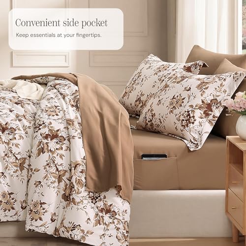 BLOOMHAVEN Full Size Comforter Sets-7 Pieces Brown Floral Bed in a Bag
