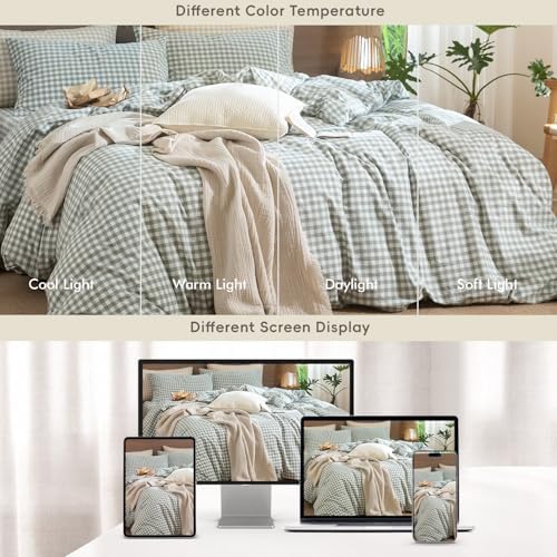 MooMee Gingham Duvet Cover Set 100% Washed Cotton Linen Like