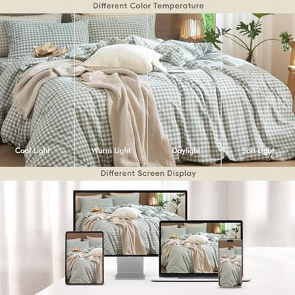 MooMee Gingham Duvet Cover Set 100% Washed Cotton Linen Like